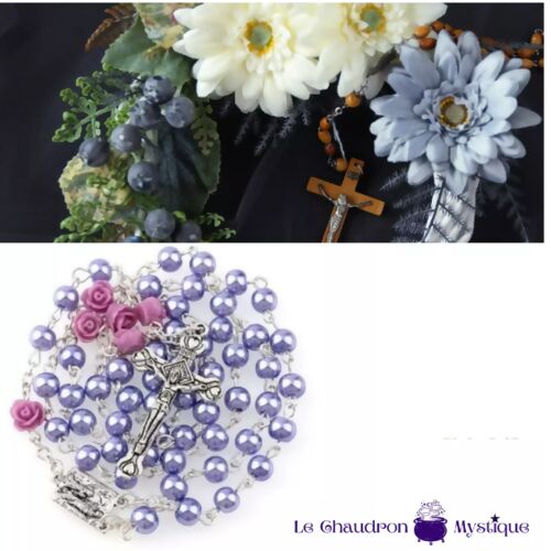 Chapelet perles couleur - Mauve avec perles de roses