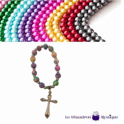 Bracelet élastique perles résine colorées mates + croix relief