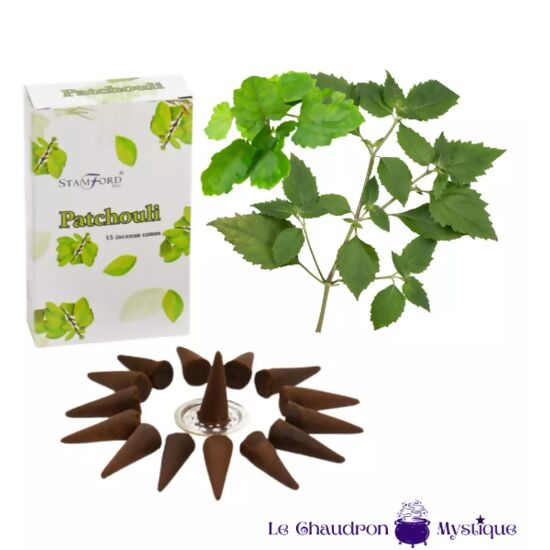 Encens en cônes - PATCHOULI - boîte de 15 cônes+brûleur métal