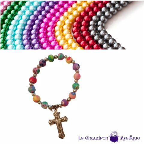 Bracelet élastique perles résine colorées mates + croix coeur