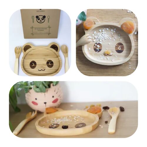 Assiette + fourchette et cuillère en bambou pour enfants