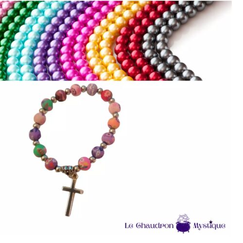 Bracelet élastique perles résine colorées mates + croix simple